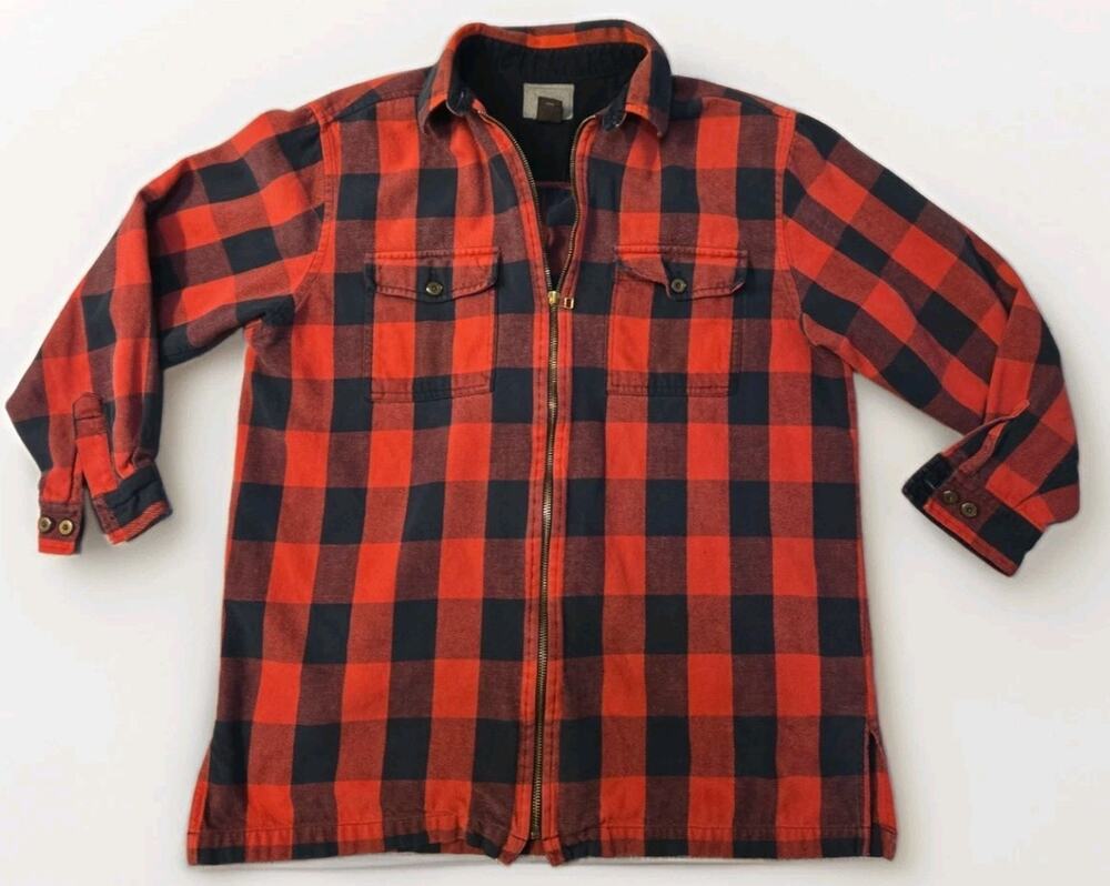 Vintage St John’s Bay Flannel Jacket Men’s Large Red Black Buffalo Plaid Zip